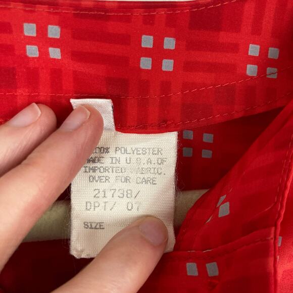 Vintage Womens L Red Geo Check Print Button Up Blouse Twee Office Retro Mod - Picture 7 of 9